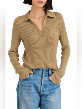 Alex Mill Camel Tan Ribbed Knit V-Neck Polo Sweater Loretta